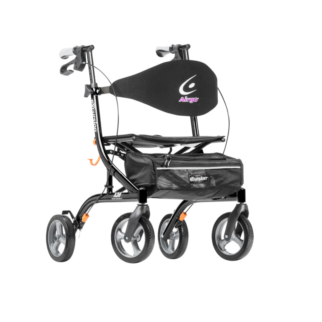 The Drive Airgo eXcursion X20 Lightweight Side-fold Rollator features four wheels, ergonomic brake handles, a padded seat and backrest, and a storage pouch beneath the seat for convenience.